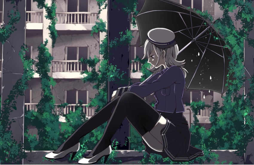 1girl ama_no_jaku_(vocaloid) black_thighhighs blue_eyes female_focus hat high_heels jack_amano komine overgrown shoes sitting solo thighhighs umbrella vocaloid white_hair zettai_ryouiki