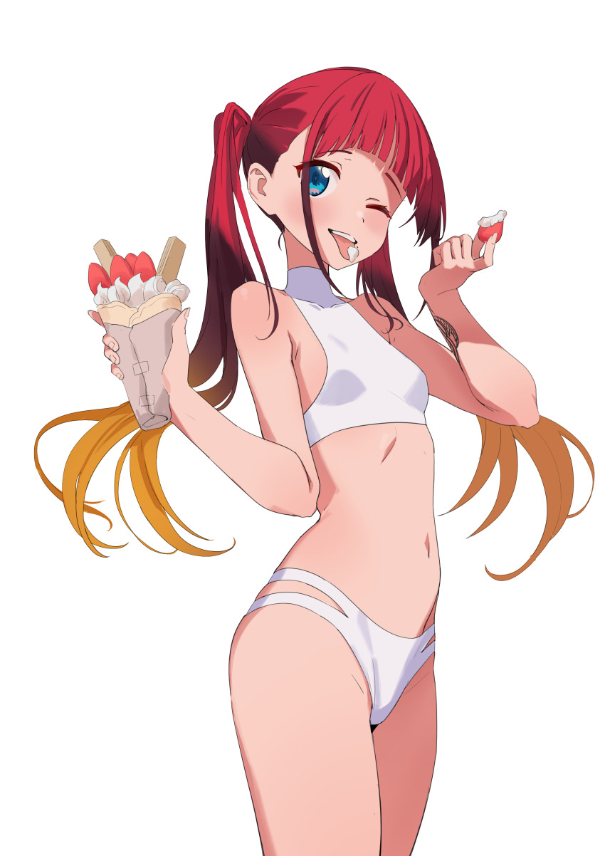 1girl absurdres alternate_hairstyle asukagawa_chise bikini blonde_hair blue_eyes blunt_bangs crepe food gradient_hair gridman_universe highres long_hair looking_at_viewer mole mole_under_mouth multi-strapped_bikini_bottom multicolored_hair one_eye_closed red_hair simple_background solo ssss.dynazenon swimsuit td_(tandeom97) tongue tongue_out turtleneck_bikini_top twintails white_background white_bikini