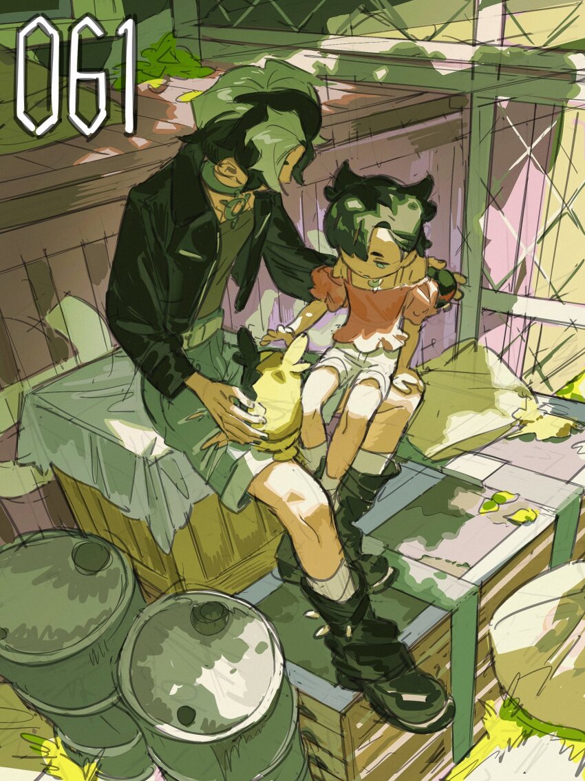 1boy 1girl aged_down barrel belt black_boots black_jacket boots brother_and_sister chain-link_fence commentary_request day fence gen_8_pokemon grass highres imminent_headpat jacket looking_down marnie_(pokemon) molymes morpeko morpeko_(full) multicolored_hair nintendo off-shoulder_shirt off_shoulder open_clothes open_jacket piers_(pokemon) pink_shirt pokemon pokemon_(creature) pokemon_swsh shirt shorts siblings sitting socks two-tone_hair white_shorts white_socks