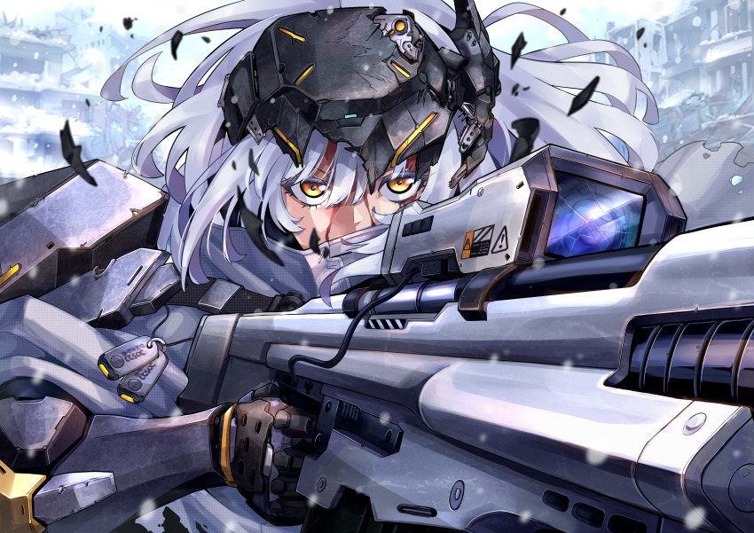 1girl absurdres aiming armor battle_damage blood blood_on_face broken_armor cloak dog_tags finger_on_trigger goddess_of_victory:_nikke gun hair_between_eyes head-mounted_display highres holding holding_gun holding_weapon long_hair rifle snow_white_(nikke) solo take_nii visor_(armor) weapon white_cloak white_hair yellow_eyes