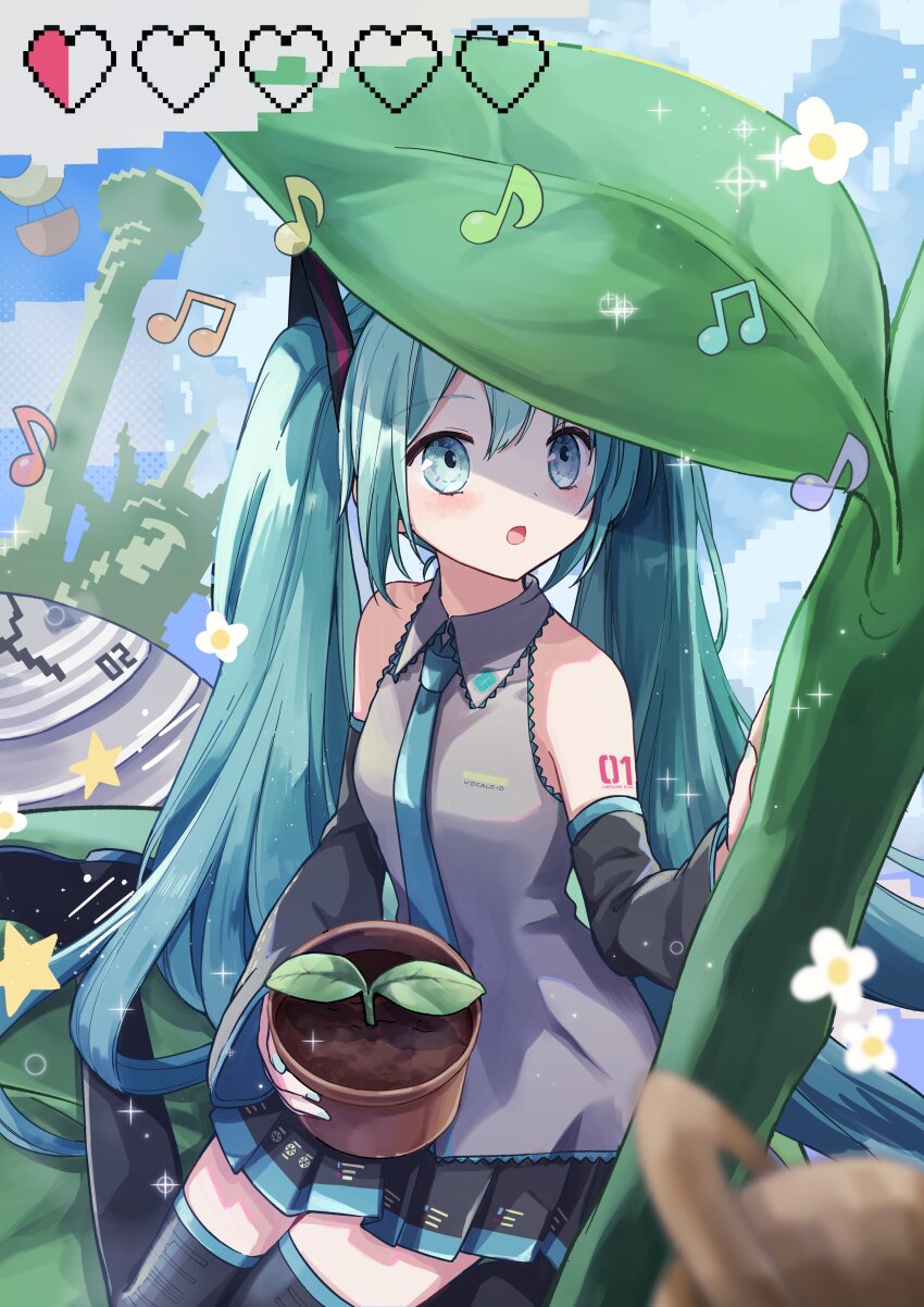 1girl absurdres black_skirt black_sleeves blue_eyes blue_hair blue_necktie detached_sleeves grey_shirt hatsune_miku hello_planet_(vocaloid) highres leaf long_hair musical_note nagitofuu necktie plant pleated_skirt potted_plant shirt sitting skirt sleeveless sleeveless_shirt solo statue_of_liberty twintails very_long_hair vocaloid