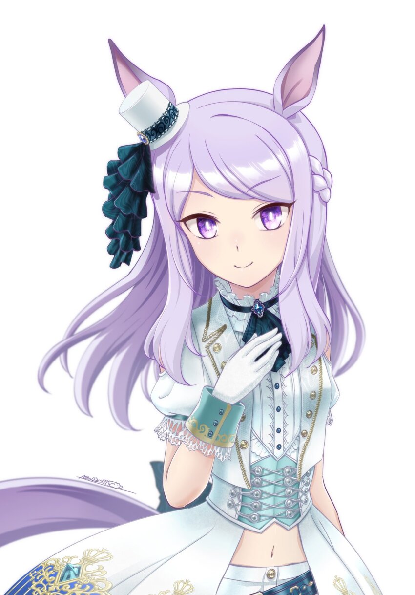 1girl animal_ears arm_at_side as&#039;maria ascot closed_mouth corset cropped_jacket green_ascot hand_on_own_chest hat highres horse_ears horse_girl horse_tail jacket long_hair mejiro_mcqueen_(end_of_sky)_(umamusume) mejiro_mcqueen_(umamusume) midriff mini_hat mini_top_hat navel open_clothes open_jacket puffy_short_sleeves puffy_sleeves purple_eyes purple_hair shirt short_sleeves sign simple_background smile solo tail top_hat umamusume upper_body white_background white_shirt