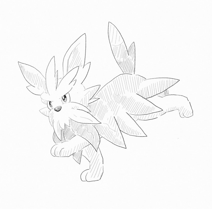 animal_focus dog from_side full_body gen_5_pokemon greyscale herdier highres monochrome munna_(pixiv_4032814) nintendo no_humans pokemon pokemon_(creature) running simple_background sketch solo traditional_media white_background