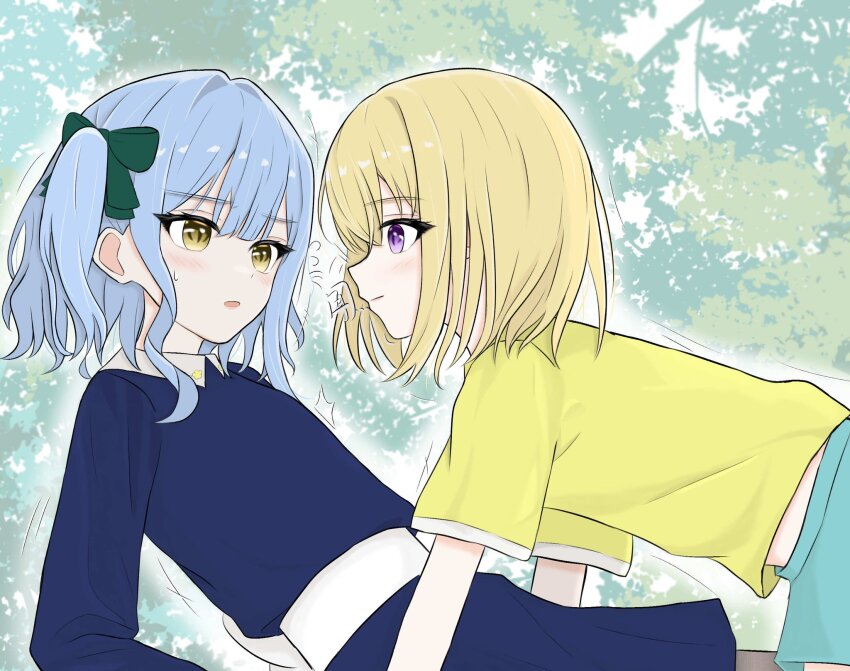 2girls aged_down bang_dream! bang_dream!_it&#039;s_mygo!!!!! belt blonde_hair blue_dress blue_hair blush bow commentary dress green_bow hair_bow hashtag-only_commentary highres long_hair long_sleeves medium_hair midriff_peek misumi_uika momokan_1209 multiple_girls open_mouth purple_eyes shirt short_sleeves sweatdrop togawa_sakiko white_belt yellow_shirt yuri