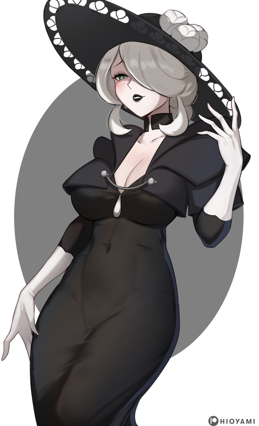 1girl absurdres black_dress black_hat blush breasts cleavage cogita_(pokemon) dress gloves green_eyes grey_hair hair_over_one_eye hat highres hioyami large_breasts looking_at_viewer mature_female nintendo pokemon pokemon_legends:_arceus smile solo sun_hat white_gloves