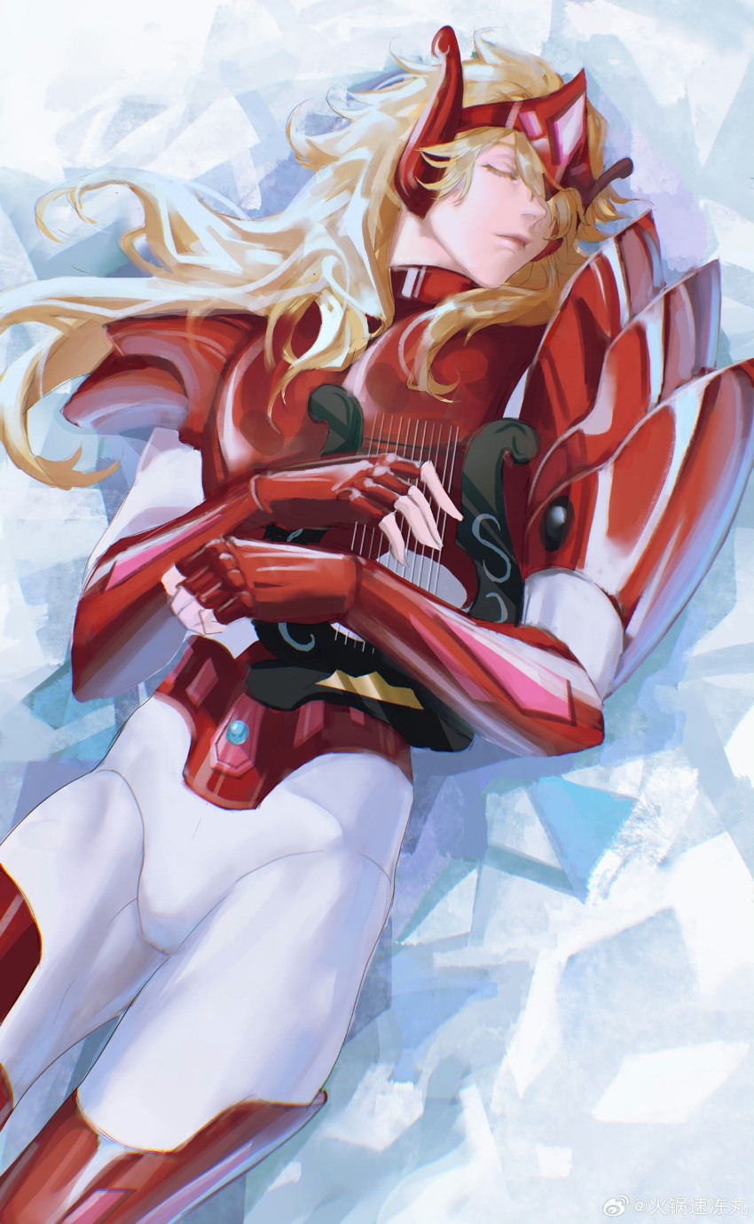 1boy 632698090 absurdres androgynous armor benetnasch_eta_mime bishounen blonde_hair bodysuit closed_eyes commentary helmet highres holding holding_instrument holding_lyre instrument long_hair lying lyre male_focus metal_belt on_back pauldrons red_armor red_helmet saint_seiya shoulder_armor solo u_u white_bodysuit