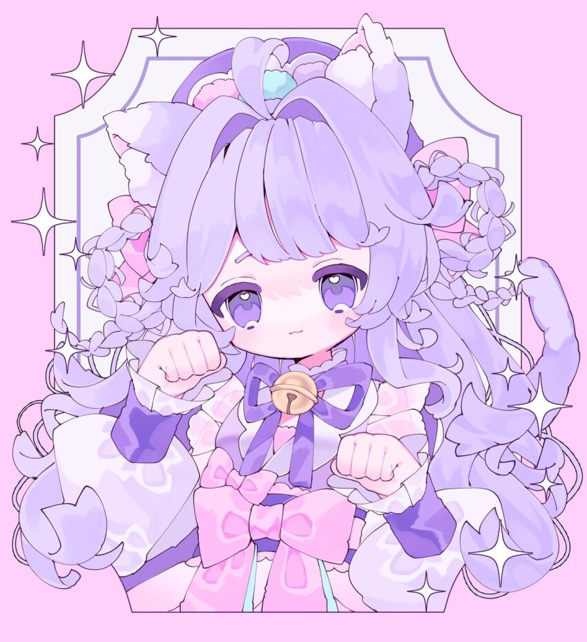1girl :3 ahoge analogous_colors animal_ears bell border bow closed_mouth commission hands_up highres indie_utaite japanese_clothes jingle_bell kimono lolita_fashion long_hair neck_bell neck_ribbon no_nose outside_border pastel_colors paw_pose pink_border pink_bow purple_eyes purple_hair purple_kimono purple_ribbon ribbon solo sparkle upa_papa_co upper_body white_background