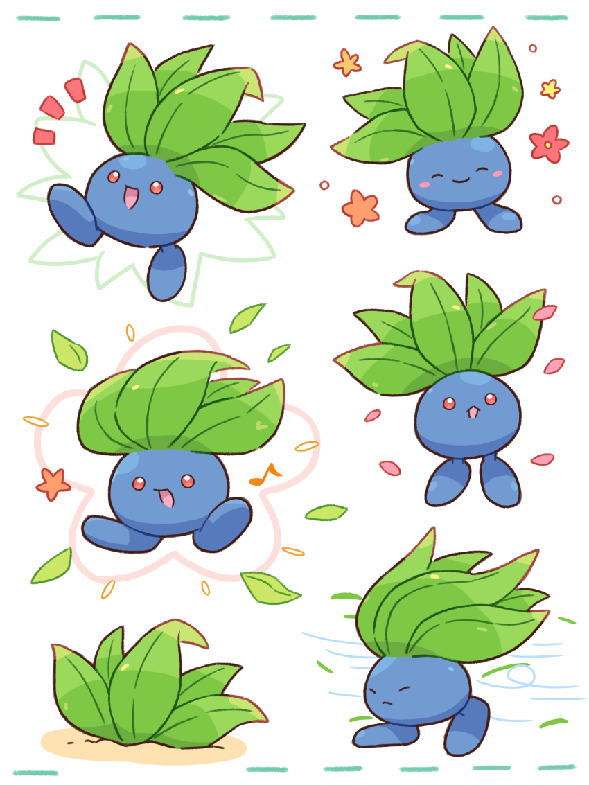 absurdres closed_eyes closed_mouth commentary_request full_body game_freak gen_1_pokemon happy highres leaf musical_note neko_gyoza nintendo no_humans oddish open_mouth petals pokemon pokemon_(creature) red_eyes smile