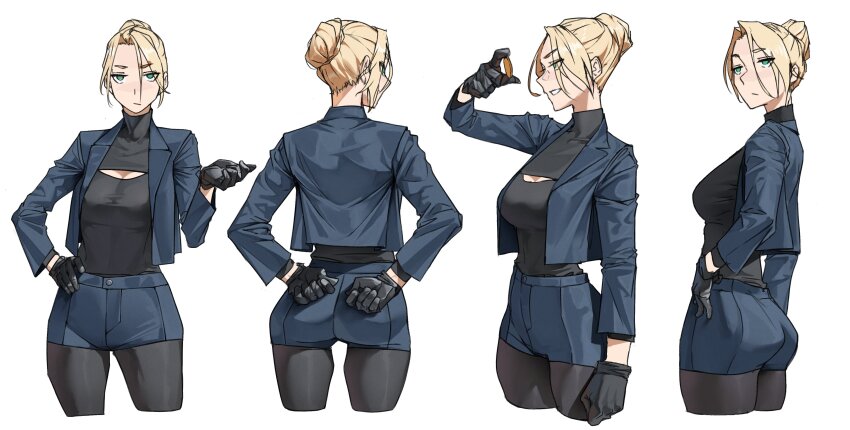 1girl :/ absurdres arms_behind_back ass black_gloves black_pantyhose black_shirt blonde_hair blue_jacket blue_shorts breasts cleavage_cutout closed_mouth clothing_cutout coin commentary cropped_legs from_behind from_side gloves green_eyes grin hair_bun hand_on_own_hip hand_up highres holding holding_coin jacket large_breasts long_sleeves looking_at_viewer multiple_views open_clothes open_jacket original pantyhose profile shirt short_shorts shorts sideways_mouth simple_background single_hair_bun smile tbocart turtleneck turtleneck_shirt white_background