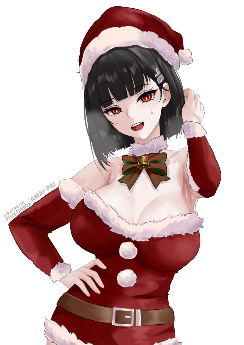 1girl absurdres alternate_hairstyle amai-pai armpits artist_name bare_shoulders bell belt black_hair blue_archive bow breasts brown_belt choker christmas cleavage commentary detached_sleeves dress fur-trimmed_dress fur-trimmed_headwear fur-trimmed_sleeves fur_trim hair_ornament hand_on_own_hip hat head_tilt highres large_breasts looking_at_viewer open_mouth paid_reward_available red_eyes red_hat rio_(blue_archive) santa_costume santa_dress santa_hat short_hair simple_background solo sweat sweatdrop white_background