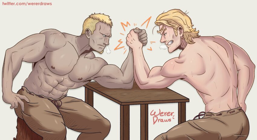 2boys abs absurdres arm_wrestling arthur_(fire_emblem_fates) artist_name bara benny_(fire_emblem) blonde_hair blue_eyes commentary dark-skinned_male dark_skin english_commentary facial_hair fire_emblem fire_emblem_fates goatee highres large_pectorals log male_focus multiple_boys muscular muscular_male navel nintendo nipples pants pectorals short_hair simple_background sitting sitting_on_log sweat table topless_male twitter_username wererdraws