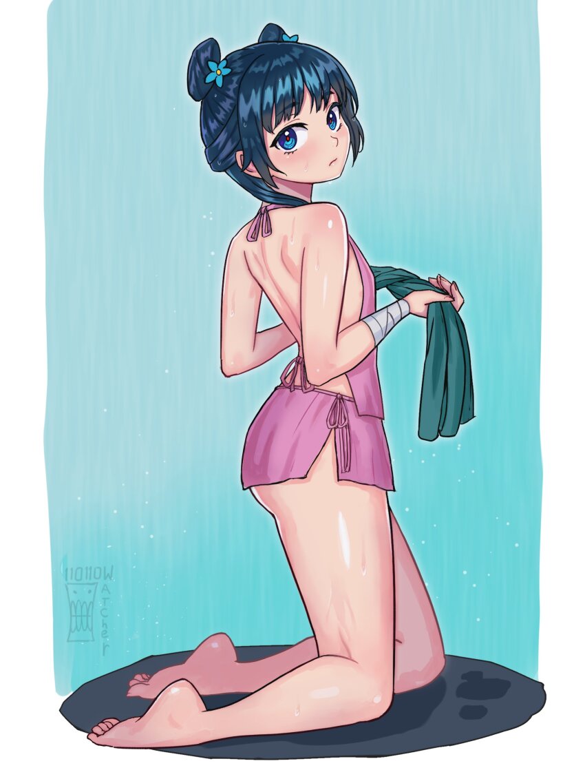 1girl absurdres aqua_background artist_logo artist_name ass backless_outfit bare_legs bare_shoulders barefoot blue_eyes blue_hair blush border closed_mouth commentary english_commentary feet from_side full_body highres holding holding_towel kneeling kusuriya_no_hitorigoto legs logo looking_at_viewer maomao_(kusuriya_no_hitorigoto) on_ground sidelocks solo thighs toenails toes towel watcher_hollow white_border
