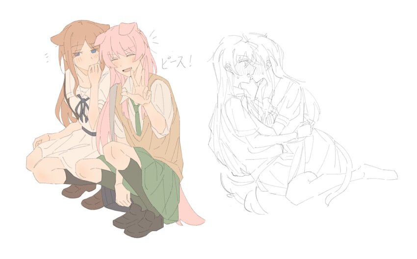 2girls animal_ears bang_dream! bang_dream!_it&#039;s_mygo!!!!! black_footwear black_socks blue_eyes blush brown_footwear brown_hair cat_ears cat_girl cat_tail chihaya_anon closed_eyes closed_mouth collared_shirt commentary_request dog_ears dog_girl dog_tail dress fang green_skirt green_socks haneoka_school_uniform highres kemonomimi_mode kiss kneehighs loafers long_hair looking_at_viewer multiple_girls nagasaki_soyo open_mouth orange_sweater_vest pink_hair pleated_skirt school_uniform shirt shoes short_sleeves simple_background sitting sitting_on_lap sitting_on_person skirt smile socks squatting sweater_vest tail toru_(toru_57d) tsukinomori_school_uniform w white_background white_dress white_shirt yuri