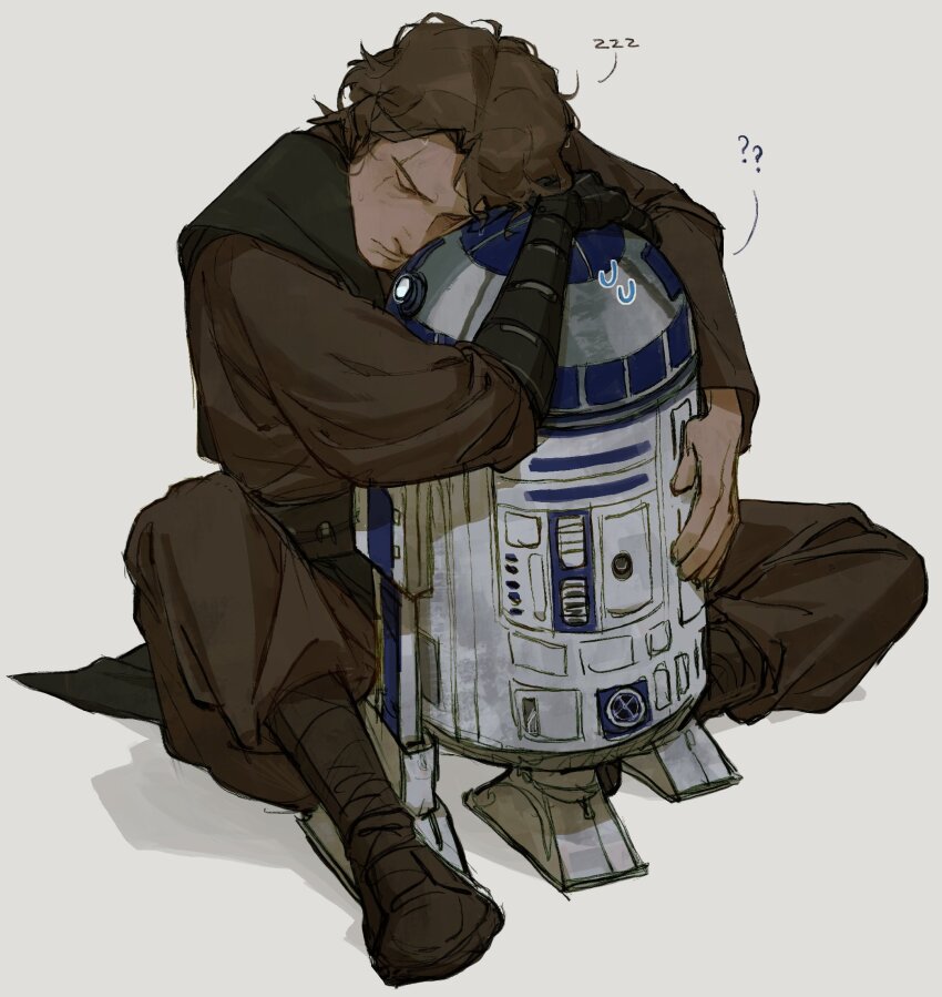 anakin_skywalker boots brown_footwear closed_eyes gloves highres hug jedi on_floor r2-d2 scar scar_across_eye scar_on_face shadow simple_background single_glove sleeping star_wars star_wars:_revenge_of_the_sith white_background yrkhn