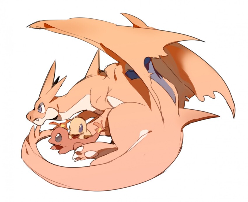 blue_eyes blue_wings bright_pupils charizard charmander claws colored_skin fangs gen_1_pokemon horns mega_charizard_y mega_pokemon multiple_horns nintendo no_humans orange_skin orange_wings pawpads pokemon pokemon_(creature) pokemon_focus simple_background size_difference sketch spines two-tone_wings white_background white_pupils wings yata571