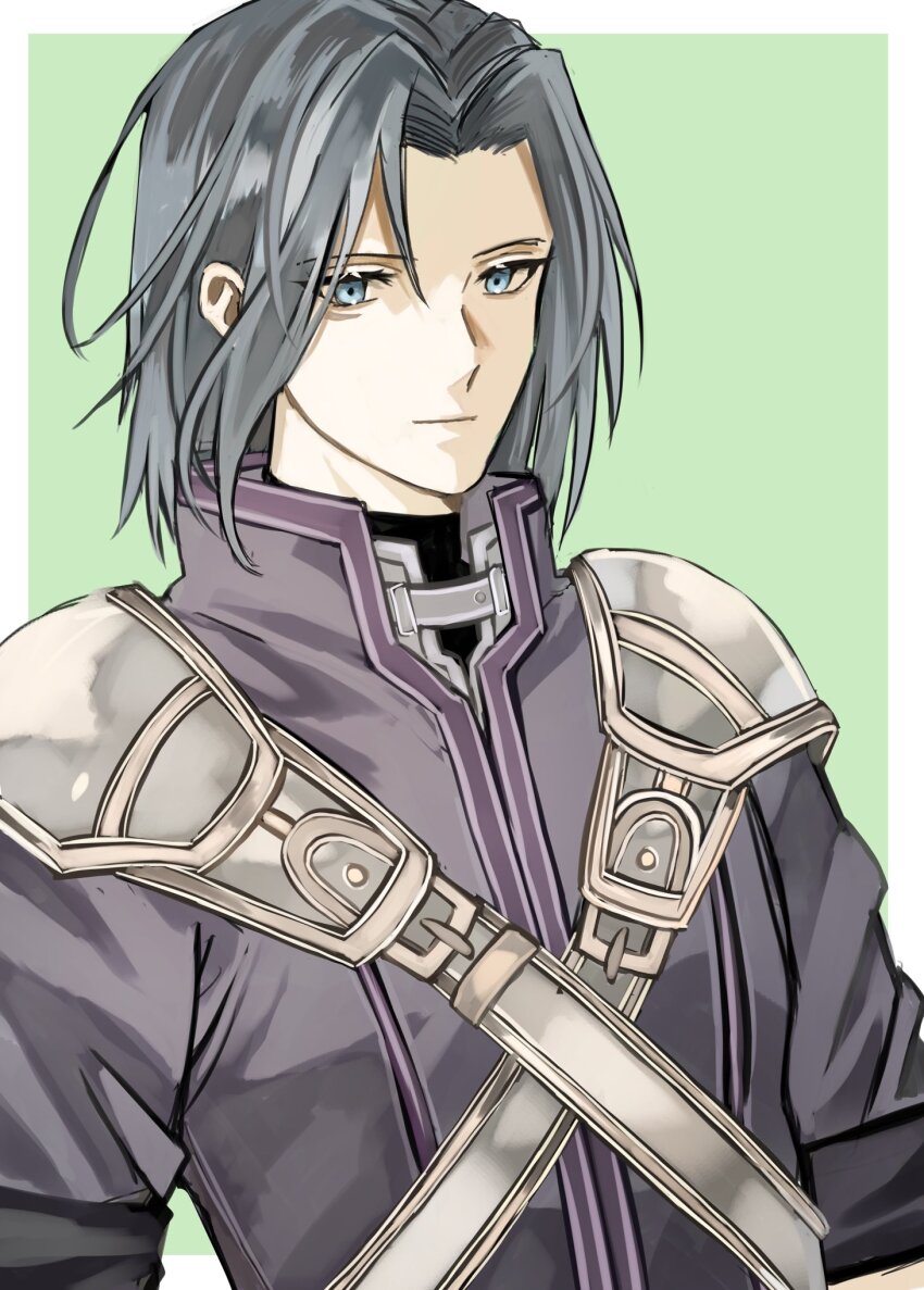 1boy armor blue_hair closed_mouth fire_emblem fire_emblem:_radiant_dawn green_eyes grey_hair highres looking_at_viewer male_focus medium_hair nintendo omlililimo shoulder_armor upper_body zihark_(fire_emblem)