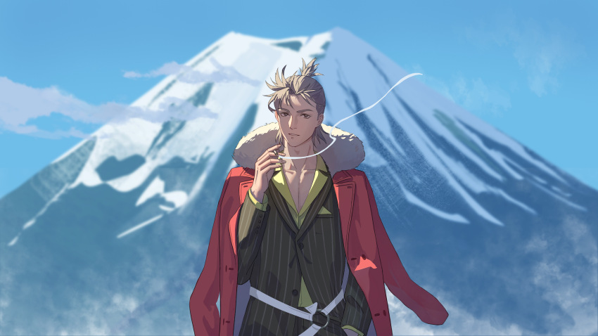 1boy absurdres cigarette coat coat_on_shoulders fate/grand_order fate_(series) formal_clothes fuji0701 grey_eyes grey_hair highres holding holding_cigarette male_focus mount_fuji smoking striped_suit suit takeda_shingen_(fate)