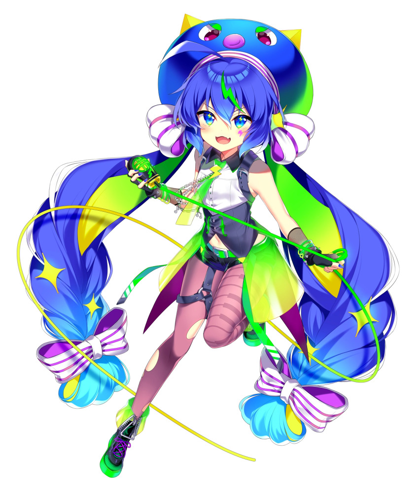 1girl ahoge aqua_hair bad_source bare_shoulders belt black_footwear black_gloves black_shorts blonde_hair blue_eyes blue_hair blue_headwear blue_nails blush bow bracelet buttons chain collared_shirt colored_inner_hair eel_hat fang fingerless_gloves fishnet_armwear full_body garter_straps gloves gradient_hair green_belt green_hair green_necktie hair_between_eyes hair_bow hair_ornament highres holding holding_microphone jewelry kurisu_toshi large_hat light_smile lightning_bolt_facial_mark lightning_bolt_symbol long_hair looking_at_viewer microphone multicolored_hair nail_polish navel necktie o-ring official_art open_mouth otomachi_una otomachi_una_(spicy) otomachi_una_(vocaloid6_spicy) pantyhose purple_bow see-through_clothes shirt short_shorts shorts skin_fang sleeveless sleeveless_shirt solo sparkle_hair_ornament standing standing_on_one_leg streaked_hair striped_bow torn_clothes torn_pantyhose transparent_background v-shaped_eyebrows very_long_hair vocaloid white_bow