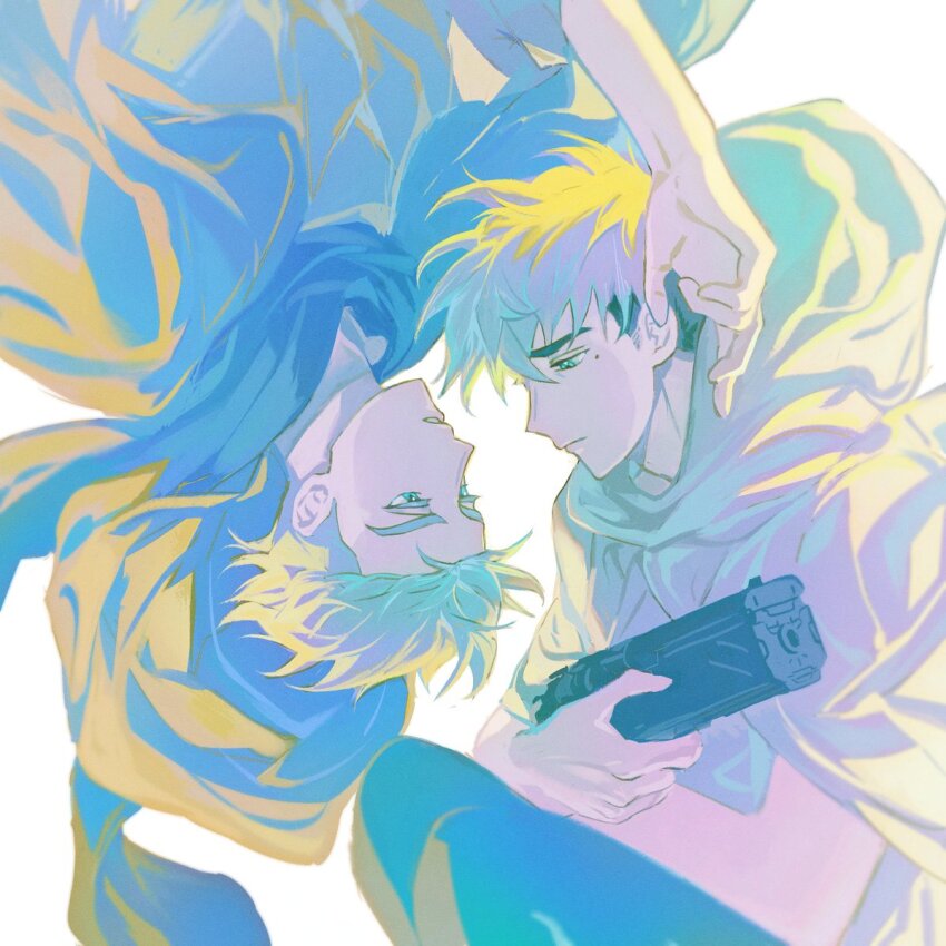 2boys aged_down blonde_hair blue_eyes brothers brown_cloak brown_scarf cloak colorful from_side green_eyes gun hand_up highres holding holding_gun holding_weapon hood hooded_cloak looking_at_another looking_down male_focus millions_knives mole mole_under_eye multicolored_hair multiple_boys rotational_symmetry scarf siblings simple_background spiked_hair tacotako trigun trigun_stampede twins two-tone_hair undercut vash_the_stampede weapon white_background white_cloak