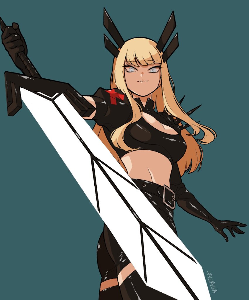 1girl animification ass belt blonde_hair cleavage_cutout clothing_cutout elbow_gloves elbow_spikes gloves highleg_shorts highres huge_weapon long_hair looking_at_viewer magik_(x-men) marvel navel new_mutants short_shorts shorts simple_background smile solo spiked_pauldrons sushi_pizza_rrr sword weapon x-men