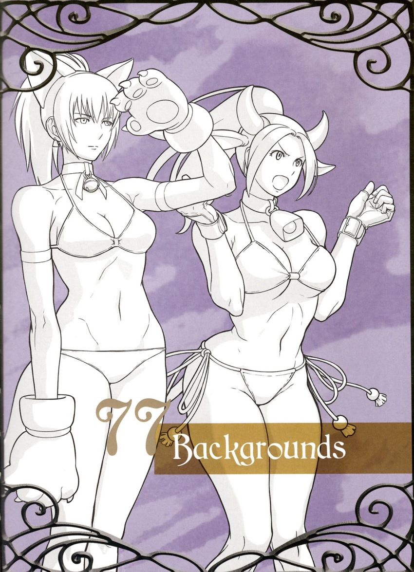 2girls animal_ears breasts cat cat_ears cat_girl cat_tail cleavage costume cow_ears cow_horns curvy earrings female_focus gloves hair_ornament highres horns jewelry large_breasts leona_heidern long_hair medium_breasts military multiple_girls navel open_mouth ponytail salute shiranui_mai snk_heroines:_tag_team_frenzy standing tail the_king_of_fighters thick_thighs thighs wide_hips