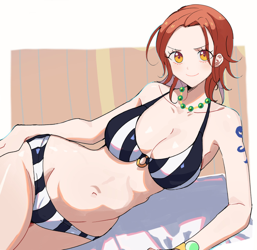 1girl absurdres bare_shoulders bead_necklace beads bikini blush bracelet breasts cleavage closed_mouth collarbone commentary commission cowboy_shot elbow_rest groin halterneck hand_on_own_hip highres jewelry kasuga_kaya large_breasts log_pose looking_at_viewer lying nami_(one_piece) navel necklace o-ring o-ring_bikini o-ring_top official_alternate_costume official_alternate_hairstyle on_side one_piece one_piece:_strong_world orange_eyes orange_hair short_hair shoulder_tattoo smile solo stomach striped_bikini striped_clothes swimsuit tattoo thighs vertical-striped_bikini vertical-striped_clothes