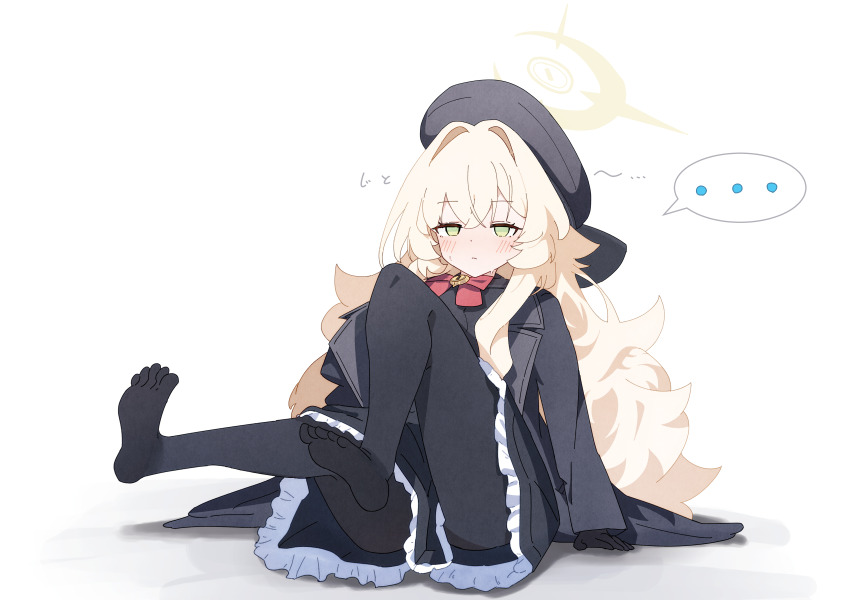 ... 1girl absurdres beret black_coat black_pantyhose black_skirt blank_eyes blonde_hair blue_archive blush coat commentary_request curly_hair feet green_eyes hair_intakes halo hat highres loli long_hair long_sleeves looking_at_viewer no_shoes pantyhose professor_niyaniya_(blue_archive) red_ribbon ribbon shiratos_nas simple_background sitting skirt soles solo speech_bubble spoken_ellipsis very_long_hair white_background
