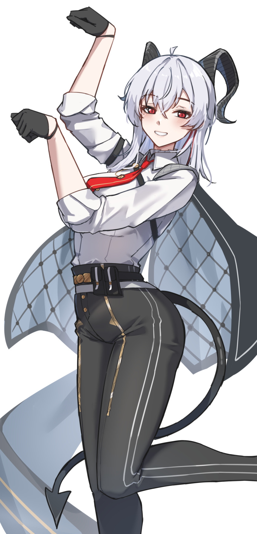 1girl absurdres ahoge black_gloves black_horns black_jacket black_pants black_tail breasts chest_harness collared_shirt commentary curled_horns demon_tail feet_out_of_frame gloves gold_ship_(umamusume) grey_hair hair_between_eyes hands_up harness high-waist_pants highres horns horse_pose jacket jacket_on_shoulders large_breasts long_hair looking_at_viewer multicolored_hair necktie pants red_eyes red_necktie shirt shirt_tucked_in simple_background sleeves_rolled_up smile solo streaked_hair sundajin_asagi tail umamusume voice_actor_connection white_background white_shirt wuthering_waves zani_(wuthering_waves)