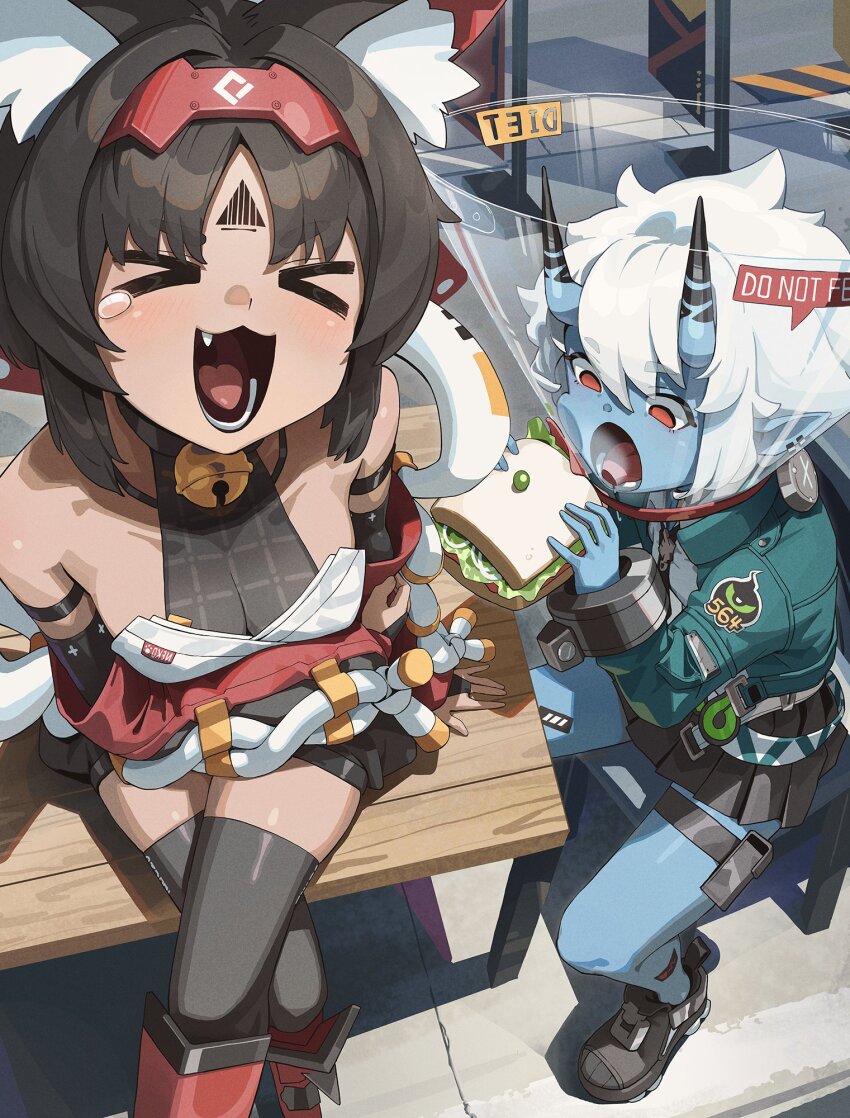 &gt;_&lt; animal_ear_fluff animal_ears bell bench black_footwear black_hair black_skirt blue_skin breasts cat_ears cat_girl chair closed_eyes colored_skin commentary crossed_legs dark-skinned_female dark_skin english_commentary fang food hair_between_eyes highres holding holding_food horns jacket jewelry laughing long_sleeves medium_breasts multiple_girls neck_bell nekomiya_mana open_mouth pet_cone piercing pleated_skirt pointy_ears red_eyes sitting skirt soukaku_(zenless_zone_zero) tears thighhighs white_hair wonchun zenless_zone_zero