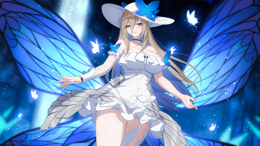 1girl absurdres aponia aponia_(mesmerizing_blue) arm_garter bare_shoulders blue_wings blurry blurry_foreground blush breasts brown_hair bug butterfly butterfly_hat_ornament butterfly_wings chinese_commentary choker cleavage collarbone commentary_request criss-cross_halter dress eyelashes floating_hair flower frilled_dress frills glowing glowing_butterfly hair_between_eyes halter_dress halterneck hat hat_ornament highres honkai_(series) honkai_impact_3rd insect insect_wings large_breasts long_bangs long_hair looking_at_viewer mole mole_under_eye official_alternate_costume parted_lips pouch purple_eyes sidelocks solo sun_hat sundress thighs white_dress white_flower white_hat wings wu_ganlan_cai