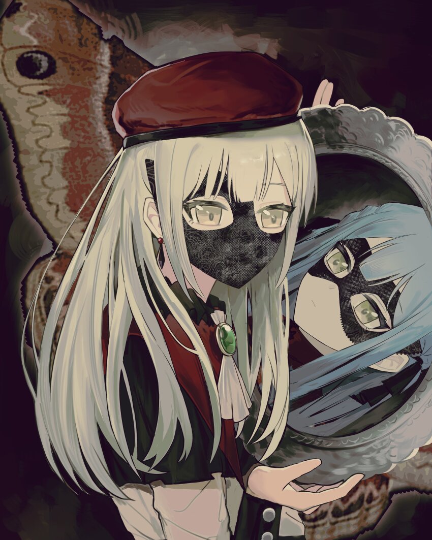 2girls absurdres anli_(jwcpp4sum0mgk5r) ascot bang_dream! bang_dream!_it&#039;s_mygo!!!!! beret black_mask black_ribbon blue_hair closed_mouth commentary different_reflection earrings green_brooch green_hair hair_ribbon hashtag-only_commentary hat highres holding holding_mirror jewelry long_hair long_sleeves mask masquerade_mask mirror mortis_(bang_dream!) mortis_(costume)_(bang_dream!) mouth_mask multiple_girls red_hat reflection ribbon togawa_sakiko wakaba_mutsumi white_ascot