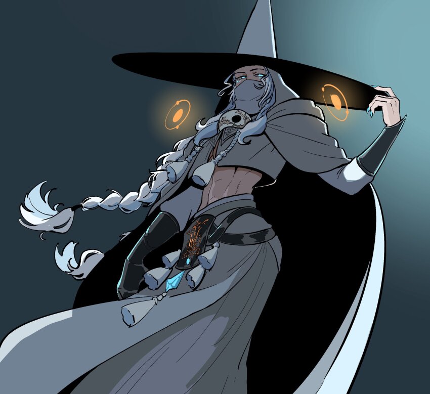 1girl abs adapted_costume alternate_costume alternate_hairstyle blue_background blue_eyes blue_nails braid cloak cosplay covered_mouth drawstring final_fantasy final_fantasy_xiv fingernails gauntlets gradient_background grey_cloak grey_skirt hades_(series) hades_2 hat hecate_(hades) hecate_(hades)_(cosplay) highres hood hood_up hooded_cloak long_hair long_skirt looking_at_viewer low-braided_long_hair low-tied_long_hair mask mask_around_neck navel quistal sharp_fingernails simple_background single_braid single_gauntlet skirt solo tassel toned toned_female unworn_mask venat_(ff14) white_hair witch_hat