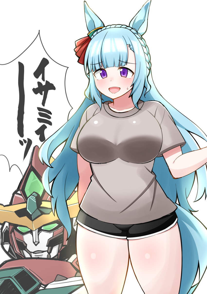 1girl absurdres aizawa_saya animal_ears aramori_susumu yuuki_bakuhatsu_bang_bravern black_shorts blue_hair bravern breasts grey_shirt highres horse_ears horse_tail large_breasts long_hair mejiro_ardan_(umamusume) open_mouth purple_eyes robot ruru_(yuuki_bakuhatsu_bang_bravern) shirt short_sleeves shorts smile tail thighs umamusume voice_actor_connection white_background yuuki_bakuhatsu_bang_bravern