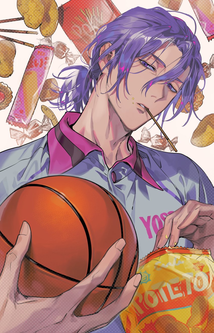 1boy absurdres bag ball basketball basketball_(object) bikkusama chips_(food) collared_shirt cookie crumbs food food_in_mouth hair_between_eyes highres holding holding_ball kuroko_no_basuke looking_at_viewer male_focus murasakibara_atsushi pocky ponytail potato_chips purple_eyes purple_hair shirt solo umaibou upper_body white_background white_shirt