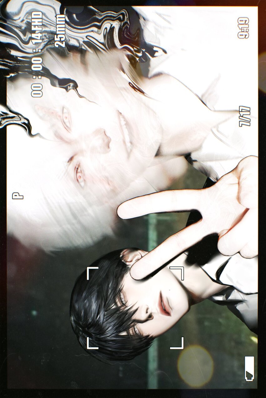 2boys battery_indicator black_hair blurry body_horror collared_shirt commentary denpyu_shi facial_recognition highres hikaru_ga_shinda_natsu indou_hikaru lips looking_at_viewer male_focus mole mole_on_cheek mole_under_eye mole_under_mouth multiple_boys multiple_moles nose red_pupils selfie shirt short_hair sideways smile teeth tsujinaka_yoshiki upper_body v white_hair white_shirt