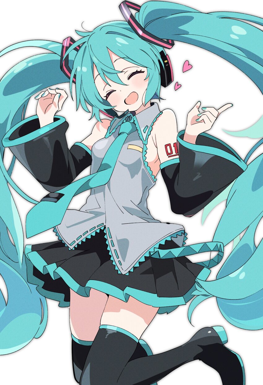 1girl :d ^_^ absurdres aqua_hair aqua_nails aqua_necktie arm_tattoo bare_shoulders black_shoes black_skirt black_sleeves blue_necktie blush boots breasts closed_eyes collared_shirt detached_sleeves facing_viewer grey_shirt hair_between_eyes hair_ornament hands_up happy hatsune_miku headphones headset heart highres hutaba_haru index_finger_raised jumping long_hair miniskirt nail_polish necktie number_tattoo open_mouth pleated_skirt shirt shoes shoulder_tattoo simple_background skirt sleeveless sleeveless_shirt smile solo tattoo thigh_boots thighhighs tie_clip twintails very_long_hair vocaloid white_background wide_sleeves zettai_ryouiki