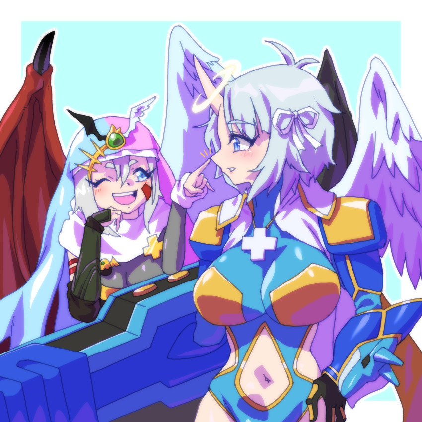 2girls absurdres angel armor azazel_(helltaker) blue_eyes breasts commission cosplay darcmon darcmon_(cosplay) demon digimon digimon_(creature) fallen_angel fusion gerusyu helltaker highres hippogriffomon lahja_svanbaeck_(lotta_svaerd) looking_at_another loremaster_(helltaker) lotta_svaerd:_women_of_war magnaazazelmon magnagarurumon magnagarurumon_(cosplay) multiple_girls murmukusmon murmukusmon_(cosplay) nun one_eye_closed pixiv_commission saintdarcmon silver_hair sistermon sistermon_(copslay) sistermon_blanc sistermon_ciel white_hair wings