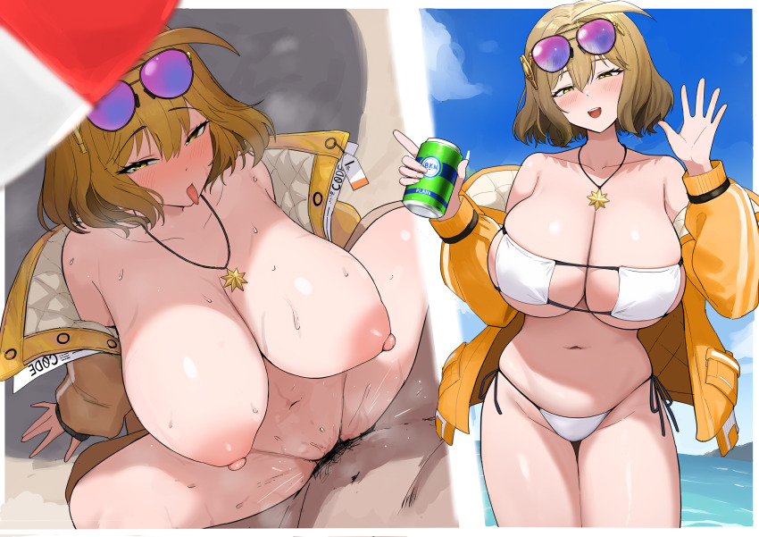 1boy 1girl absurdres anis_(nikke) anis_(sparkling_summer)_(nikke) breasts can ekkusuren goddess_of_victory:_nikke highres huge_breasts instant_loss jacket missionary nipples nude open_clothes open_jacket penis pubic_hair sex spread_legs textless_version tongue tongue_out