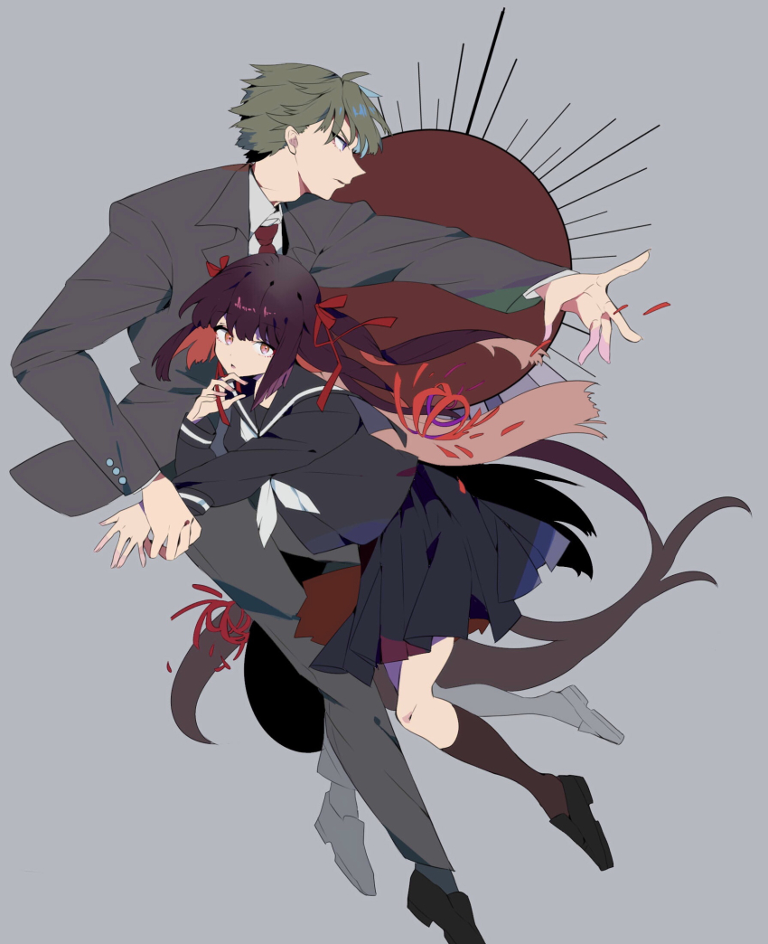 1boy 1girl black_hair black_serafuku formal_clothes grey_hair hair_ribbon highres himeno_mikoto himuro_hitoshi kaii_shoukougun long_hair necktie red_necktie red_ribbon ribbon school_uniform serafuku short_hair suit yuda_nappa