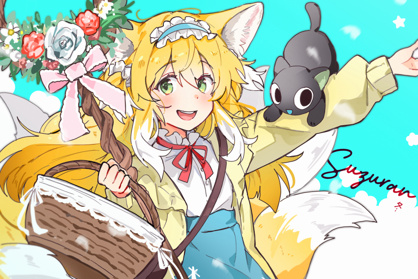 1girl :d animal_ear_fluff animal_ears arknights bad_id bad_pixiv_id bag basket black_cat blonde_hair blue_background blue_hairband blue_skirt blush bow brown_bag cardigan cat flower fox_ears fox_girl fox_tail frilled_hairband frills green_eyes hair_ornament hair_scrunchie hairband high-waist_skirt highres holding holding_basket kitsune kyuubi long_hair long_sleeves luo_xiaohei luo_xiaohei_(cat) luo_xiaohei_zhanji multicolored_hair multiple_tails neck_ribbon official_alternate_costume open_cardigan open_clothes open_mouth outstretched_arms pink_bow puffy_long_sleeves puffy_sleeves red_ribbon ribbon scrunchie shirt shoulder_bag simple_background skirt sleeve_cuffs smile solo spread_arms staff star_(symbol) suzuran_(arknights) suzuran_(spring_praise)_(arknights) tail teeth two-tone_hair upper_body upper_teeth_only wed_(lim38869577) white_hair white_shirt wreath yellow_cardigan