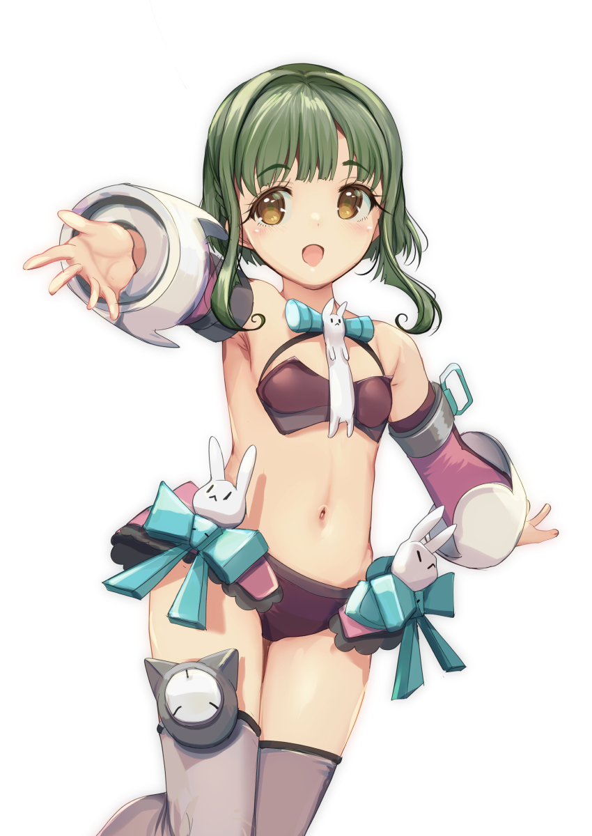 1girl absurdres adapted_costume bikini bob_cut breasts brown_eyes cleavage gloves green_hair grey_thighhighs hairband highres kantai_collection multiple_views purple_bikini purple_skirt short_hair short_hair_with_long_locks sidelocks simple_background skirt small_breasts swimsuit takanami_(kancolle) thighhighs white_background yashin_(yasinz)