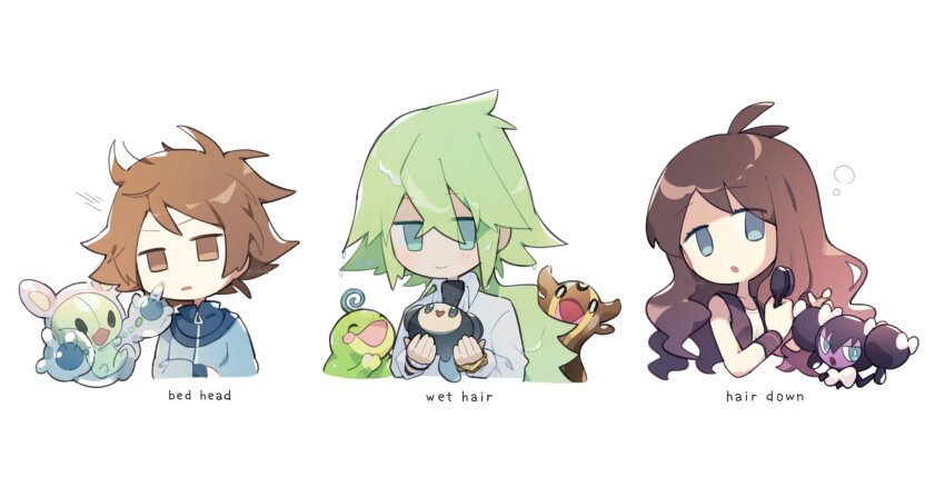 1girl 2boys blue_eyes brown_eyes brown_hair brushing_hair clear_2758 commentary_request english_text floating frog gastrodon gastrodon_(west) gen_2_pokemon gen_4_pokemon gen_5_pokemon gothita green_eyes green_hair hair_brush highres hilbert_(pokemon) hilda_(pokemon) long_hair multiple_boys n_(pokemon) nintendo open_mouth pokemon pokemon_(creature) pokemon_bw politoed reuniclus short_hair simple_background smile solid_oval_eyes tympole white_background