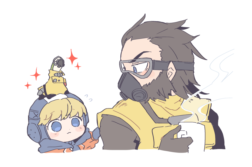 1boy 1girl animification apex_legends beard black_gloves blonde_hair blue_eyes blue_headwear blue_hoodie blush brown_hair caustic_(apex_legends) caustic_(apex_legends)_(cosplay) cosplay facial_hair gas_mask gloves goggles hair_behind_ear hair_slicked_back highres holding_jug hood hoodie jacket looking_back mask nessie_(respawn) nojima_minami on_head orange_jacket respirator smoke sparkle wattson_(apex_legends)