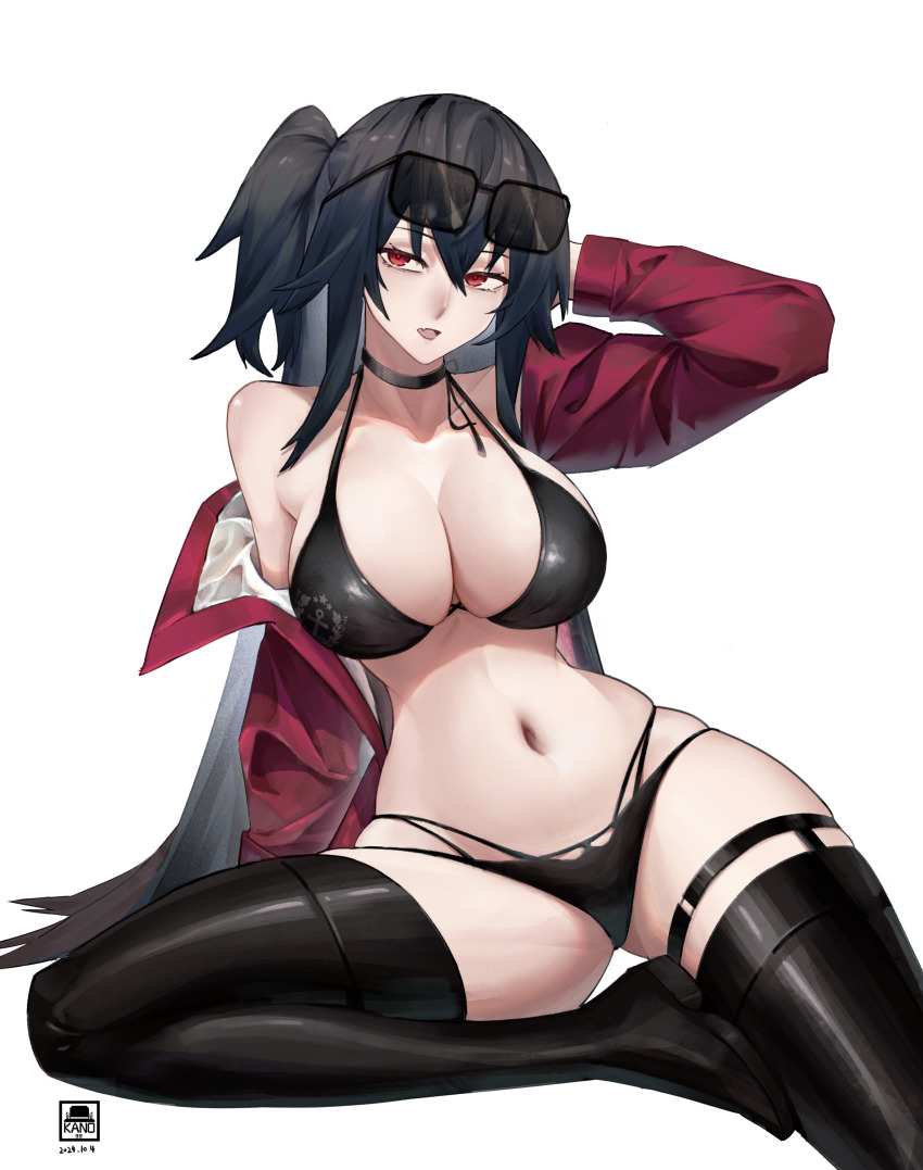1girl absurdres azur_lane bare_shoulders bikini black_bikini black_choker black_hair black_thighhighs blush breasts choker cleavage eyewear_on_head hair_between_eyes highres jacket kano33 large_breasts long_hair looking_at_viewer multi-strapped_bikini_bottom navel official_alternate_costume race_queen red_eyes red_jacket solo swimsuit taihou_(azur_lane) taihou_(enraptured_companion)_(azur_lane) thighhighs