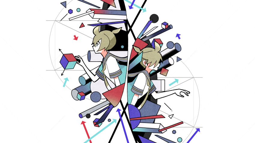 1boy ahoge arrow_(symbol) blonde_hair circle commentary_request cube cylinder geometry grey_sailor_collar hair_over_one_eye halftone hand_up highres kagamine_len machigami_yoh male_focus math multiple_views partial_commentary sailor_collar sailor_shirt shirt short_hair short_sleeves upper_body vocaloid white_background white_shirt xyz_axis