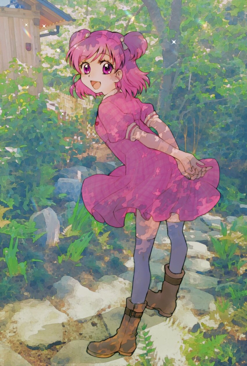 1girl aizen_(syoshiyuki) arms_behind_back black_thighhighs boots bow brown_boots dress forest highres looking_at_viewer nature open_mouth pink_dress pink_eyes pink_hair precure puffy_short_sleeves puffy_sleeves short_hair short_sleeves smile solo thighhighs two_side_up yes!_precure_5 yumehara_nozomi