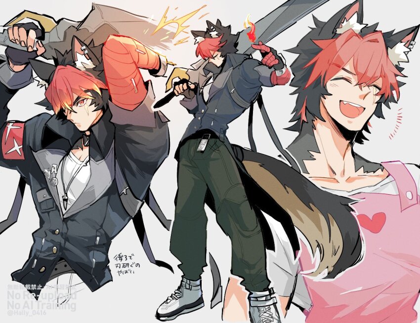 1boy animal_ears arms_up black_gloves black_hair black_jacket blush body_fur cargo_pants closed_eyes closed_mouth commentary_request dog_boy dog_ears dog_tail fang fingerless_gloves fire gloves green_pants hally heart heart_print holding holding_sword holding_weapon jacket komano_manato male_focus multicolored_hair multiple_scars muscular muscular_male open_mouth over_shoulder pants pectorals red_bandage red_eyes red_hair scar scar_across_eye scar_on_face shirt shoes short_hair smock solo sword tail teeth upper_teeth_only weapon weapon_over_shoulder white_background white_shirt white_shoes zenless_zone_zero
