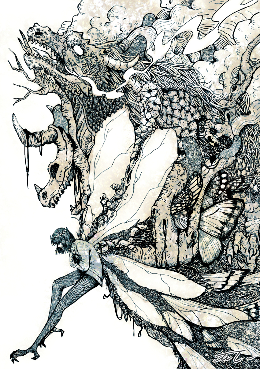 1boy arthropod_boy arthropod_limbs black_hair bug centipede collared_shirt crossed_legs crown diamond_hairband dragon dragonfly_wings fate/grand_order fate_(series) full_body highres insect_wings long_sleeves male_focus medium_hair mmmpsychedelic138 oberon_(fate) oberon_(third_ascension)_(fate) shirt simple_background skeleton solo white_background white_shirt wings