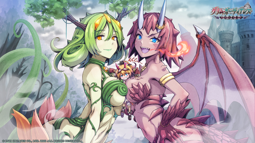 alraune antlers ass bare_shoulders blue_eyes breast_press breasts breath_weapon breathing_fire brown_hair brown_scales brown_tail brown_wings castle colored_skin copyright_name dark-skinned_female dark_skin dragon_girl dragon_horns dragon_tail dragon_wings dranis_(galgun) fire gal_guardians gal_gun_(series) green_lips green_skin grey_hair highres horns large_breasts long_hair masanori_ito medium_hair monster_girl navel official_art open_mouth plant plant_girl queen_gardenas_(galgun) release_celebration revealing_clothes sharp_teeth short_hair symmetrical_docking tail teeth vines wings yellow_eyes zuzu_(galgun)