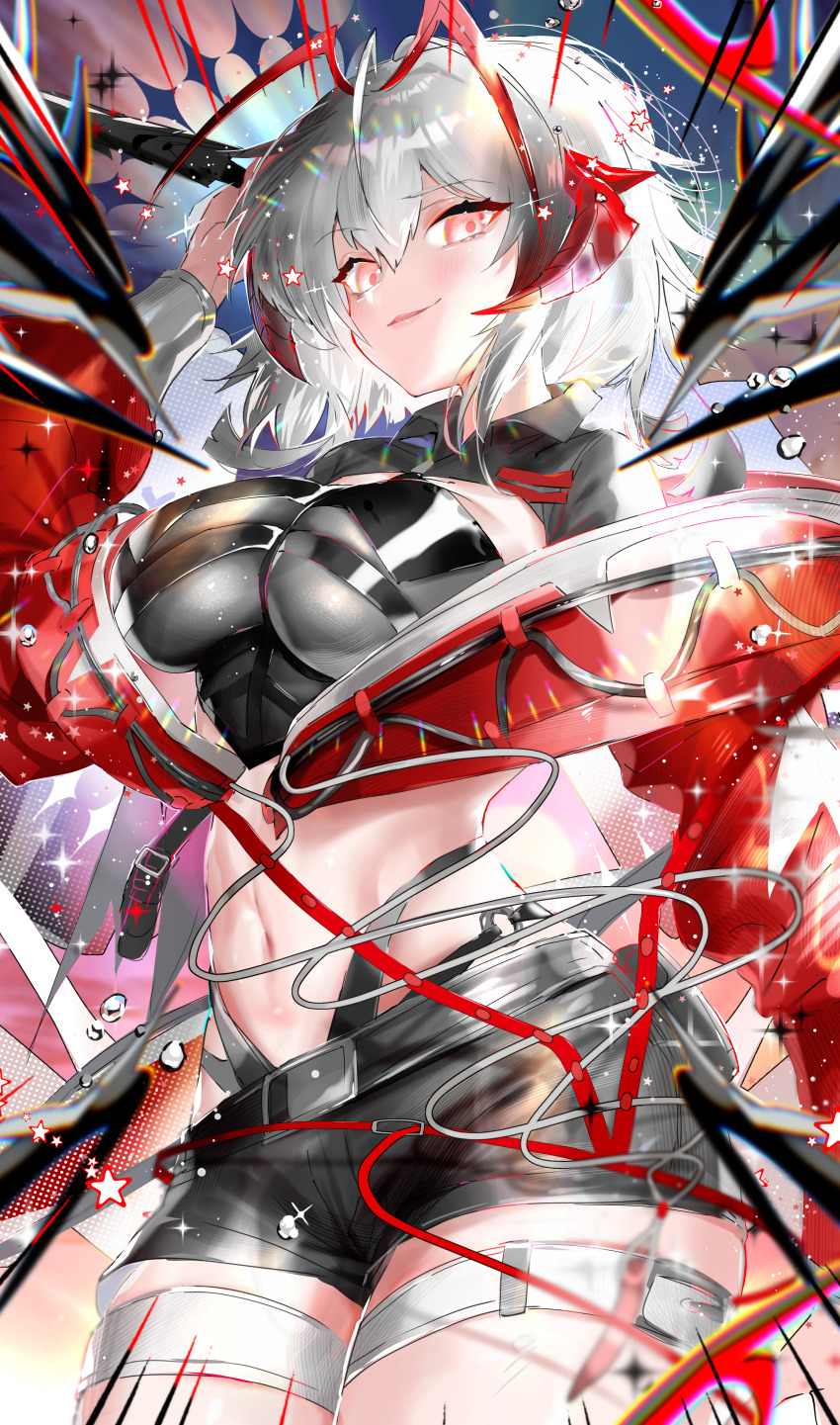1girl absurdres ahoge antennae arknights belt black_shorts black_tube_top breasts cowboy_shot crop_top demon_horns from_below grey_hair highres horns jacket large_breasts long_sleeves looking_at_viewer midriff navel orange_eyes red_horns red_jacket short_hair short_shorts shorts smile solo strapless tekona0 thigh_belt thigh_strap tube_top w_(arknights) wis&#039;adel_(arknights)